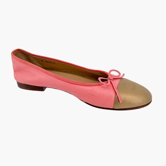 Chanel CC Pink Gold Leather Cap Toe Ballet Flats Shoes Size 39 US 8-8.5 Women's - Picture 10 of 16
